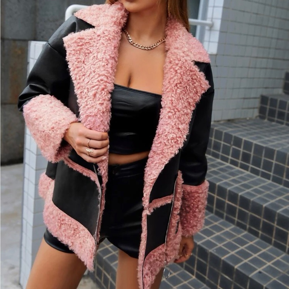 Drop shoulder pink teddy lined black pleather jacket NWOT